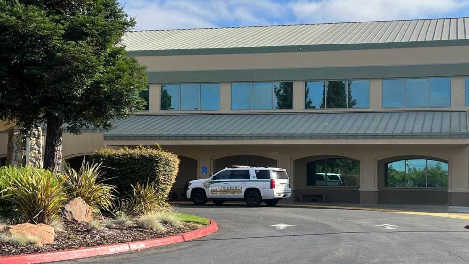 A Placer County Sheriff’s Office vehicle is parked outside of Sutter Roseville Medical Center on Sunday, July 9, 2023, after a suspect in an April standoff and shooting escaped police custody at the hospital. Eric Abril, a suspect in the Mahany Park shooting, is at large following his escape.