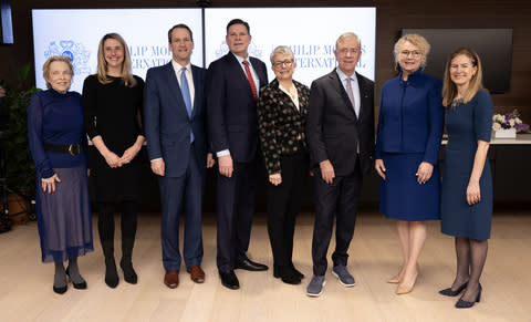 (From left to right) Marian Salzman, PMI US Senior Vice President and Chief Corporate Citizenship Officer; Stamford Mayor Caroline Simmons; U.S. Congressman Jim Himes. State Representative Tom O'Dea. Fran Pastore, CEO of Women's Business Development Council. Governor Ned Lamont. Stacy Kennedy, President of the Americas and CEO of PMI's U.S. operations Lieutenant Governor Susan Bycevic (Photo: Business Wire)