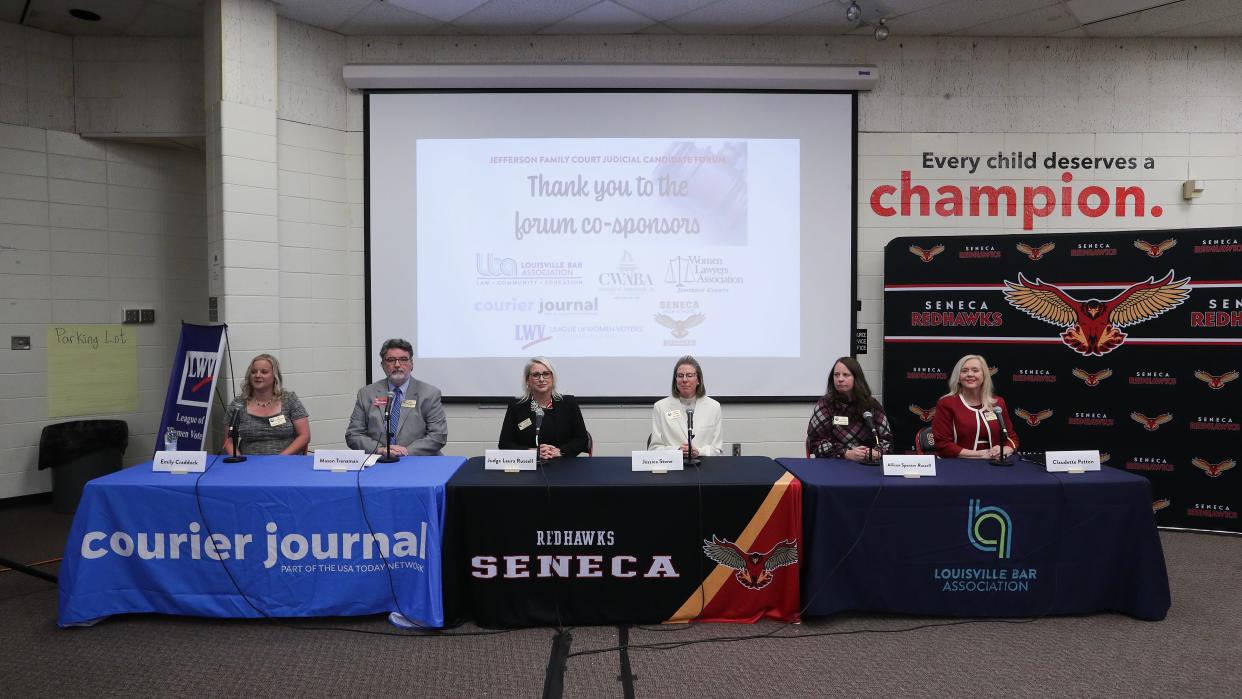 Family Court judge candidates participated in the Jefferson Family Court Judicial Candidate Forum hosted by the League of Women Voters of Louisville and the Louisville Bar Association at Seneca High School in Louisville, Ky. on Oct. 25, 2023.