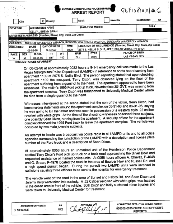 <em>A page from Jeremy Kelly’s 1996 arrest report on charges including murder. (Clark County District Court/KLAS)</em>