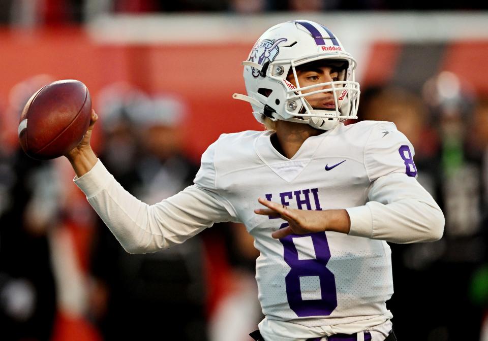 Corner Canyon and Lehi play in high school football semifinal action at Rice-Eccles Stadium in Salt Lake City on Friday, Nov. 10, 2023. Corner Canyon won 63-24. | Scott G Winterton, Deseret News