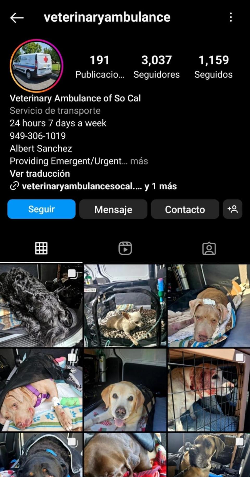 Cuenta de Instagram de la ambulancia veterinaria. Captura de pantalla.