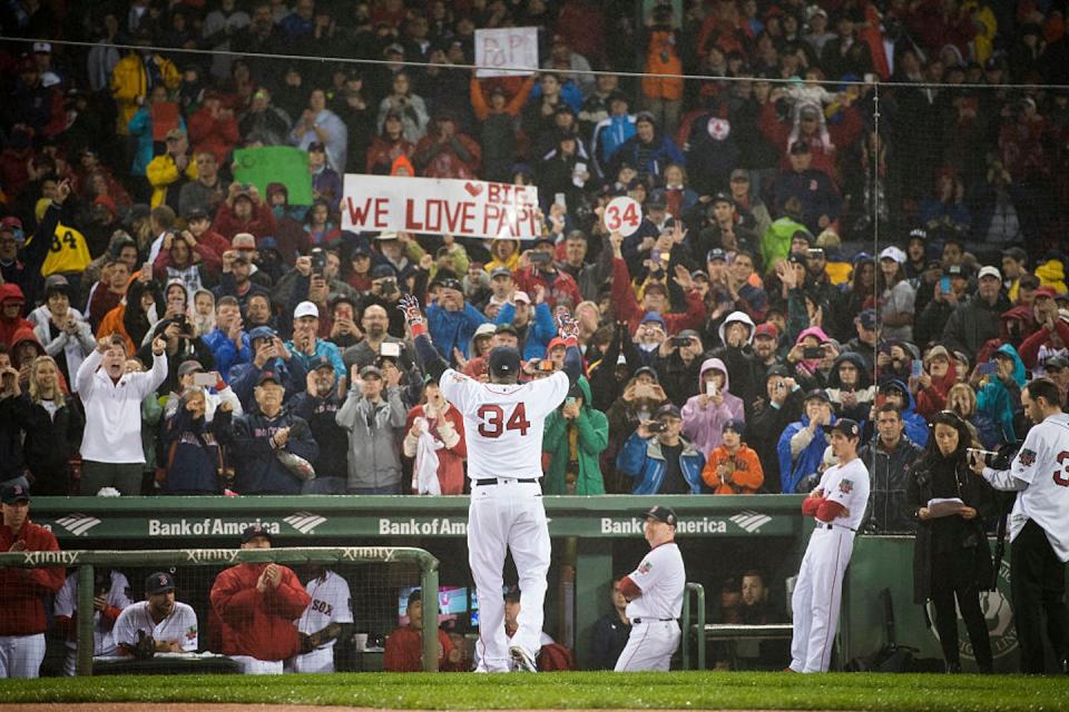 Boston Red Sox Hall of Famer David Ortiz celebrates before a crowd of adoring fans in 2016. <a href="https://www.gettyimages.com/detail/news-photo/david-ortiz-of-the-boston-red-sox-waves-towards-the-crowd-news-photo/611906030?phrase=david%20ortiz%20waving%20to%20crowd&adppopup=true" rel="nofollow noopener" target="_blank" data-ylk="slk:Michael Ivins/Boston Red Sox via Getty Images;elm:context_link;itc:0;sec:content-canvas" class="link ">Michael Ivins/Boston Red Sox via Getty Images</a>