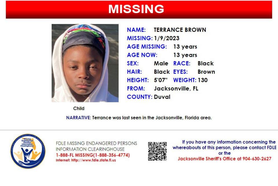 Terrance Brown was reported missing from Jacksonville on Jan. 9, 2023.