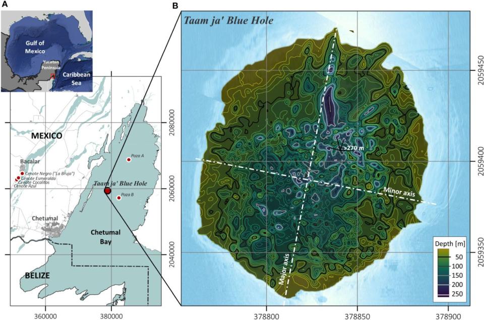 Ubicación del TJBH (Taam ja’ Blue hole) en el Caribe occidental dentro de la Bahía de Chetumal | Imagen Alcérreca-Huerta, Juan C., et al. Frontiers in Marine Science (2023)