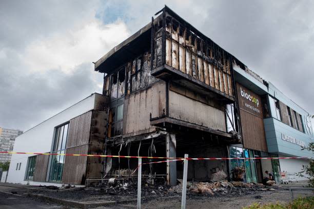 This photograph taken 29 June 2023 in Brest, western of France shows a Biocoop, an organic supermarket partly burnt, two days after a 17-year-old boy was shot in the chest by police at point-blank range in Nanterre, a western suburb of Paris (AFP via Getty Images)