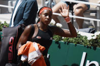 United States's Coco Gauff leaves the court after losing to Czech Republic's Barbora Krejcikova in their quarterfinal match of the French Open tennis tournament at the Roland Garros stadium Wednesday, June 9, 2021 in Paris. Krejcikova won 7-6, 6-3. (AP Photo/Thibault Camus)