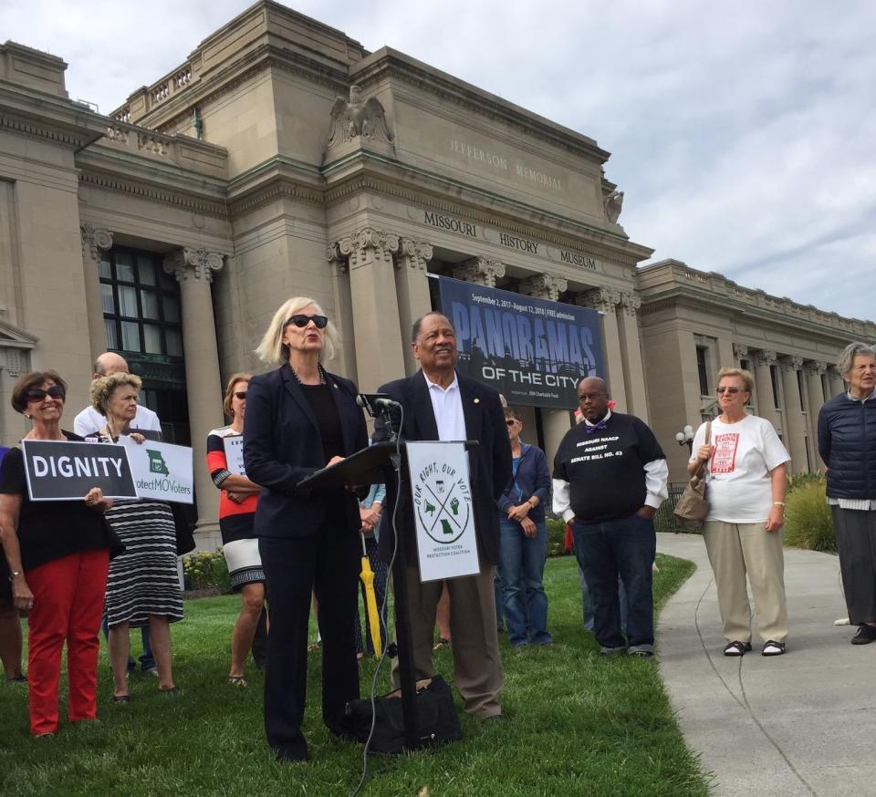 Missouri state Rep. Stacey Newman (D) speaks about voting rights during a news conference in front of the Missouri History Museum in St. Louis on&nbsp;Tuesday. (Photo: Sam Levine/HuffPost)