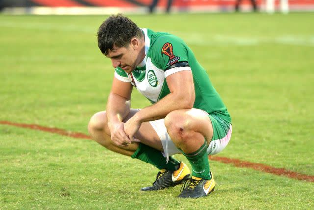 Ireland forward Tyrone McCarthy looking dejected after his side's loss to PNG. Pic: Getty