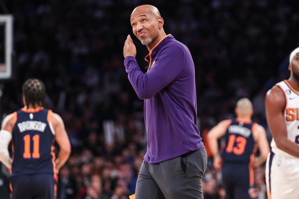Jan 2, 2023; New York, New York, USA; Phoenix Suns head coach Monty Williams looks at the scoreboard after calling a timeout in the second quarter against the New York Knicks at Madison Square Garden.