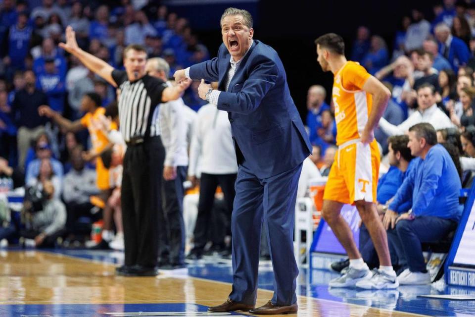 Kentucky head coach John Calipari yells across the court during the first half against Tennessee at Rupp Arena on Saturday.