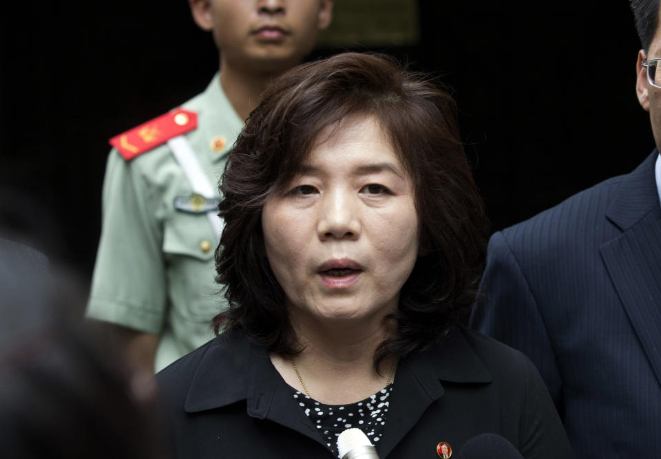 FILE - In this Thursday, June 23, 2016 file photo, Choe Son Hui, deputy director general of the Department of US Affairs of North Korea Foreign Ministry, briefs journalists outside the North Korean embassy in Beijing, China. North Korea says it's willing to resume nuclear diplomacy with the United States in late September. But First Vice Foreign Minister Choe Son Hui said Monday, Sept. 9, 2019 that the United States must come to the negotiating table with proposals that satisfy North Korea, or dealings between the two countries will come to an end. (AP Photo/Andy Wong, file)