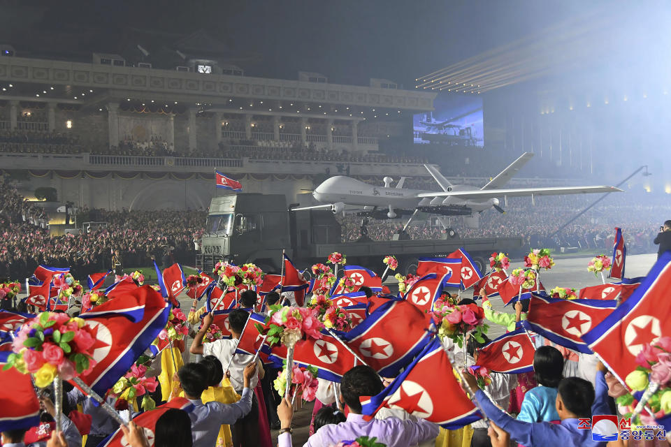 This photo provided by the North Korean government, shows what it says an attack drone during a military parade to mark the 70th anniversary of the armistice that halted fighting in the 1950-53 Korean War, on Kim Il Sung Square in Pyongyang, North Korea Thursday, July 27, 2023. Independent journalists were not given access to cover the event depicted in this image distributed by the North Korean government. The content of this image is as provided and cannot be independently verified. Korean language watermark on image as provided by source reads: "KCNA" which is the abbreviation for Korean Central News Agency. (Korean Central News Agency/Korea News Service via AP)