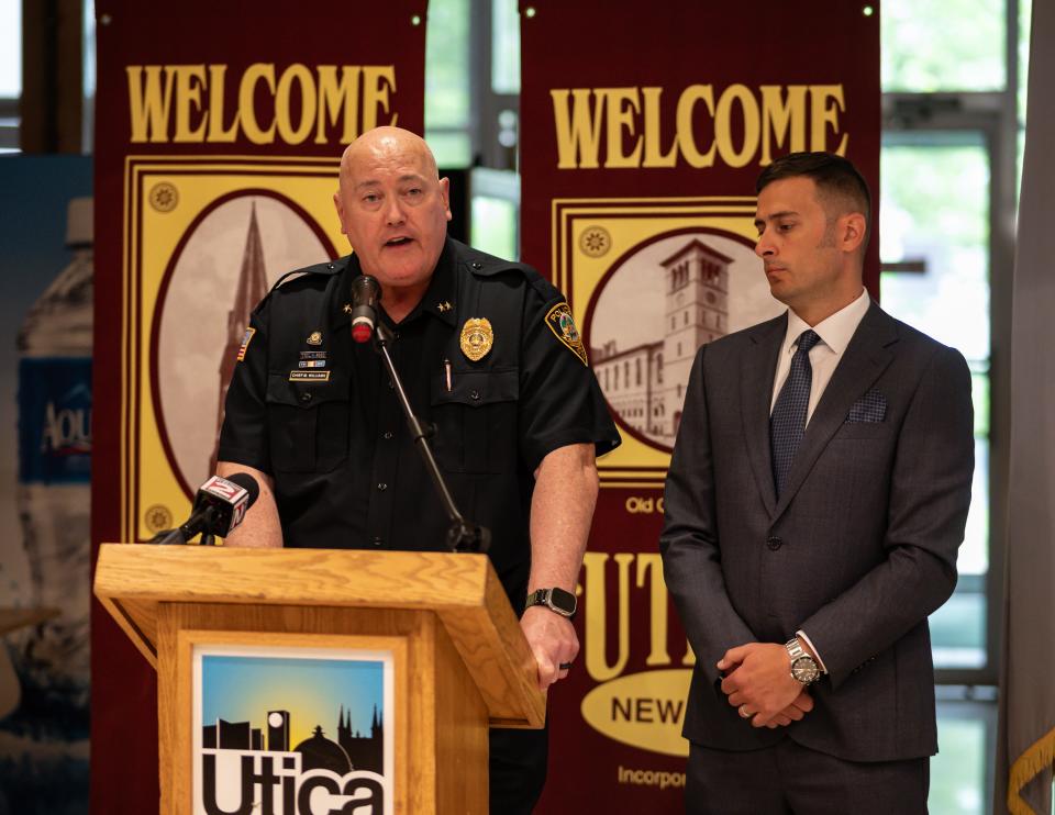 Utica Police Chief Mark Williams and Mayor of Utica Michael Galime address the crowd inside City Hall in Utica, NY on Saturday, June 29, 2024.