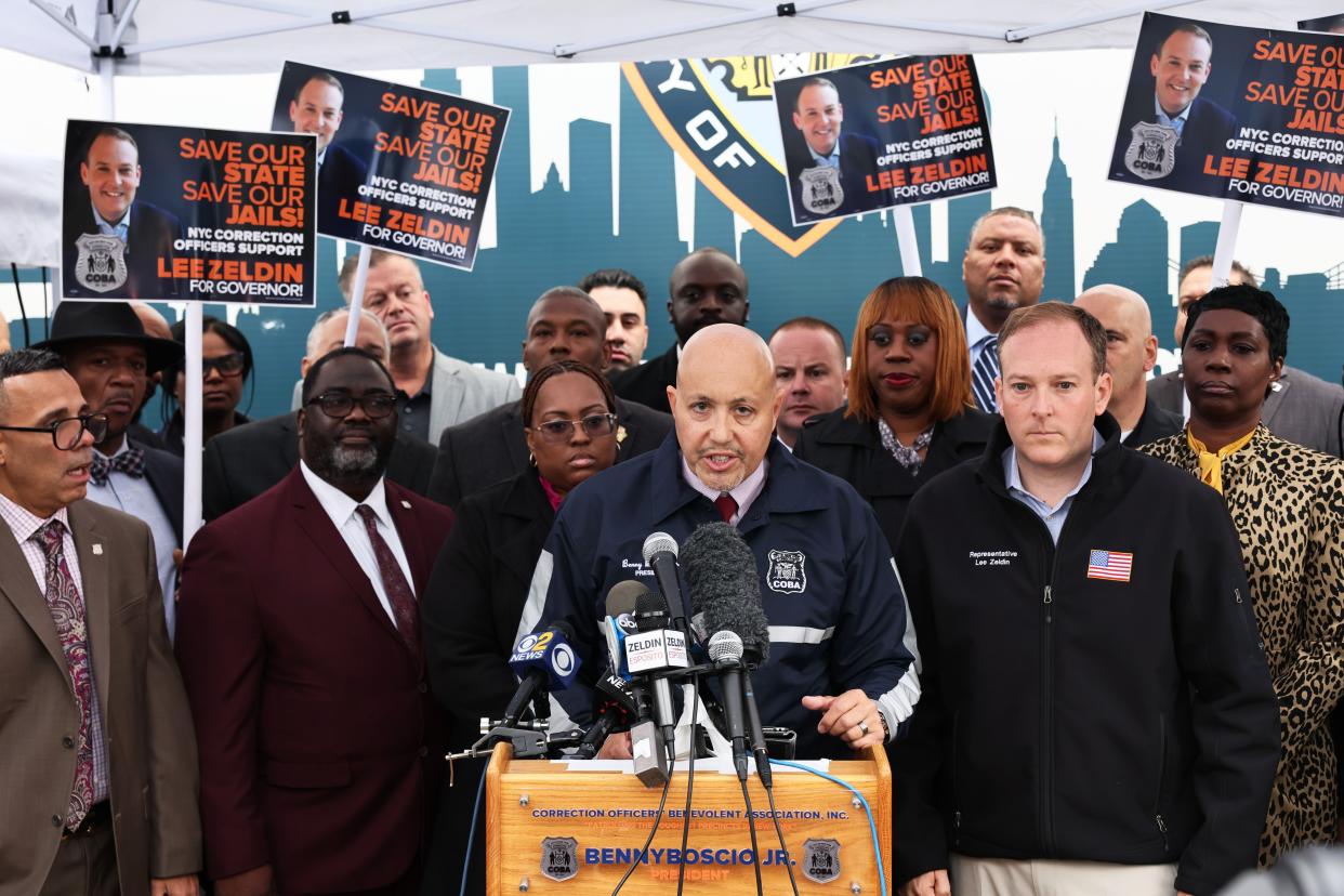 President of the New York City Correction Officers' Benevolent Association Benny Boscio Jr. speaks during a press conference at the entrance to the Rikers Island jail on October 24, 2022 in New York City. 