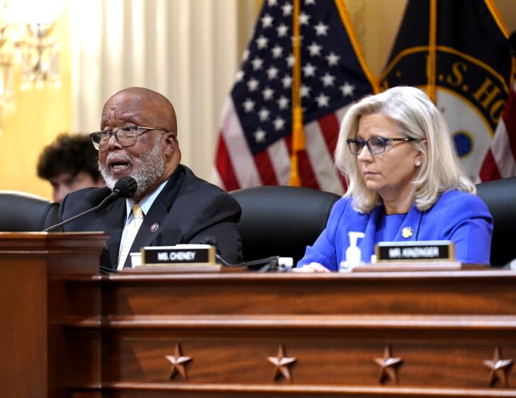 Committee chairman Rep. Bennie Thompson, D-Miss., gives opening remarks as Vice Chair Liz Cheney, R-Wyo., looks on.