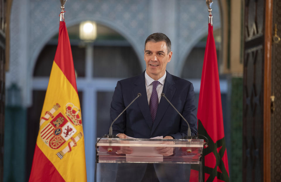 Spanish Prime Minister Pedro Sanchez speaks at a press conference after holding meetings with his Moroccan counterpart during an official visit to Rabat, Morocco, Wednesday, Feb. 21, 2024. (AP Photo)