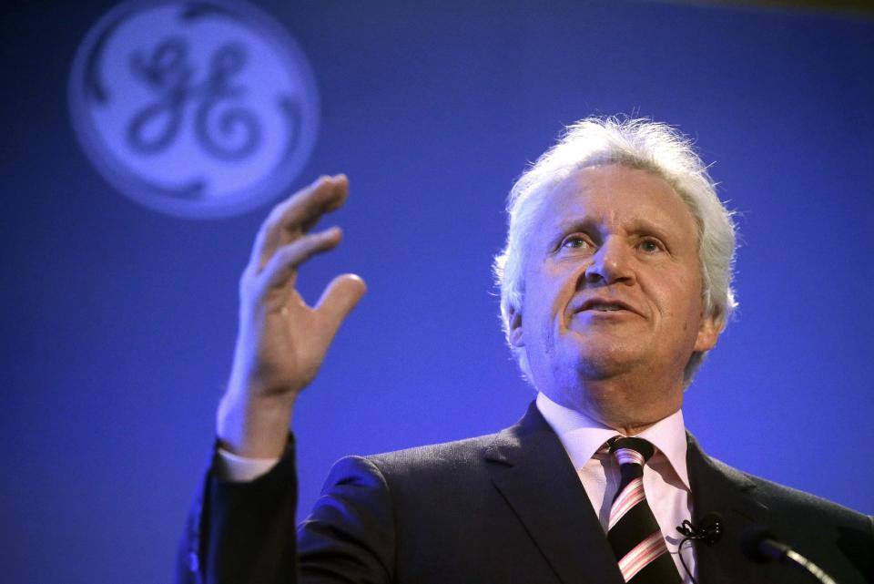 FILE - In this April 4, 2016 file photo, General Electric Co., CEO Jeff Immelt speaks during a news conference in Boston. The heads of Apple, Ford and Goldman Sachs said that they don't support the executive order that President Donald Trump signed last week, which bans immigrants from seven Muslim-majority countries from entering the U.S. Google said it is donating cash to organizations that support immigrants. Immelt said the industrial conglomerate would make its “voice heard” with the new administration and Congress. (AP Photo/Steven Senne, File)