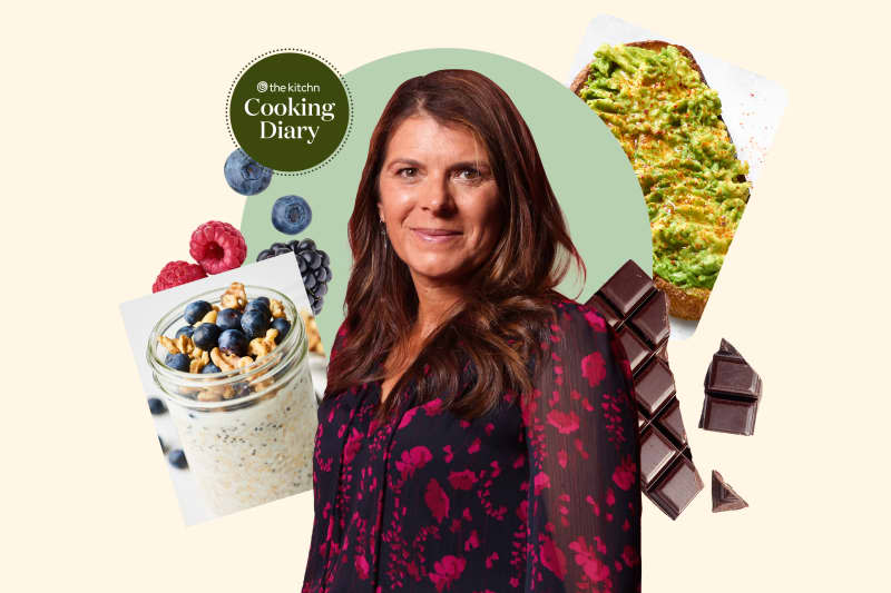 collage of Mia Hamm surrounded by mixed berries, a jar of overnight oats, a piece of avocado toast, and a dark chocolate bar