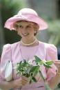 <p>In a blush John Boyd hat while touring gardens in Sicily. </p>