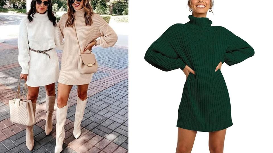 This versatile ribbed sweater dress is the foundation of an ideal fall outfit.