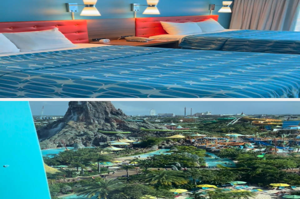 A stacked image of a hotel room and the window views of the volcano and greenery