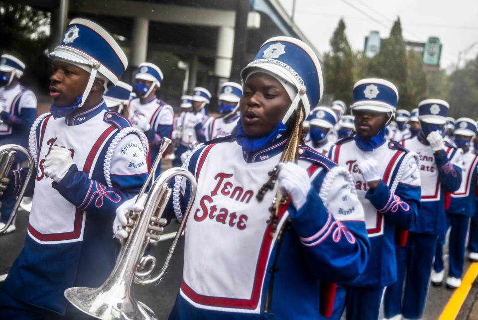 The TSU marching band makes its way down Jefferson Street during the 2021 TSU Homecoming Parade Saturday, October 30, 2021.