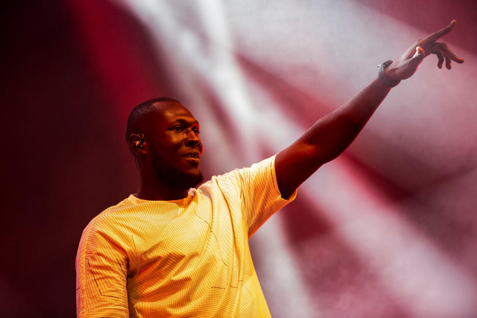 British rapper Stormzy performs at the Arena Stage during the Roskilde Festival 2018 in Roskilde, Denmark, July 5, 2018. Picture taken July 5, 2018. Ritzau Scanpix/Olafur Steinar Gestsson via REUTERS  ATTENTION EDITORS - THIS IMAGE WAS PROVIDED BY A THIRD PARTY. DENMARK OUT.