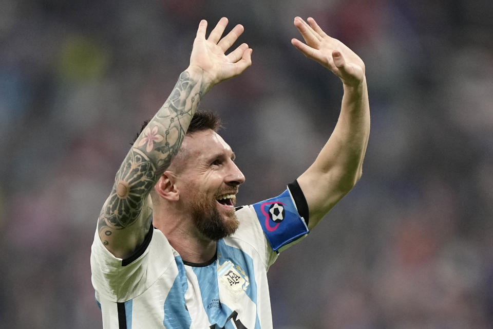 Argentina's Lionel Messi reacts after winning the World Cup final soccer match between Argentina and France at the Lusail Stadium in Lusail, Qatar, Sunday, Dec. 18, 2022. Argentina won 4-2 in a penalty shootout after the match ended tied 3-3. (AP Photo/Martin Meissner)