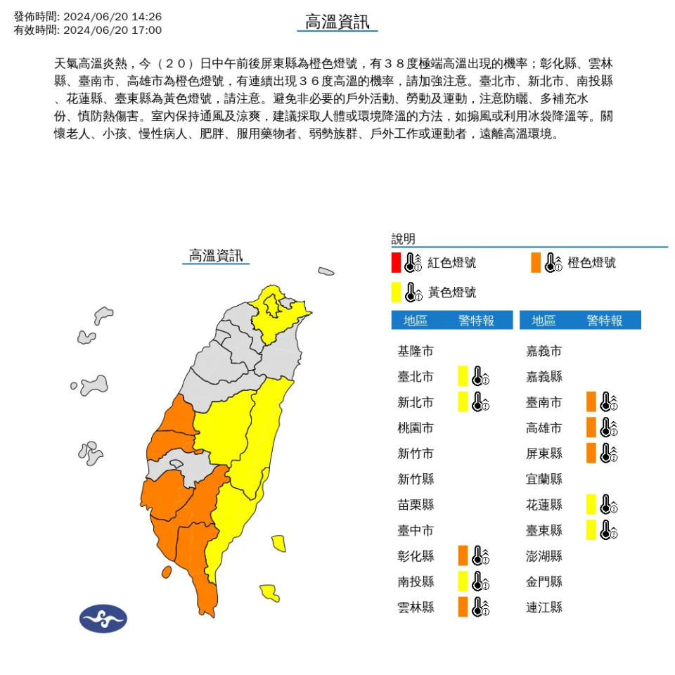 <strong>氣象署發表高溫特報，共有5縣市為橙色燈號、5縣市為黃色燈號。（圖／中央氣象署）</strong>