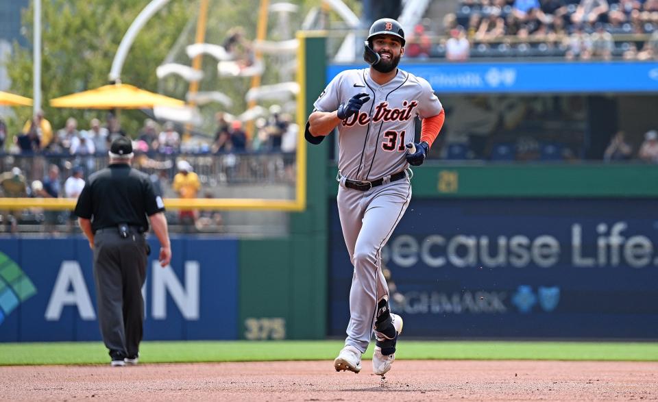 Riley Greene of the Detroit Tigers rounds the bases after hitting a solo home run in the first inning during the game against the Pittsburgh Pirates at PNC Park on August 2, 2023 in Pittsburgh, Pennsylvania.