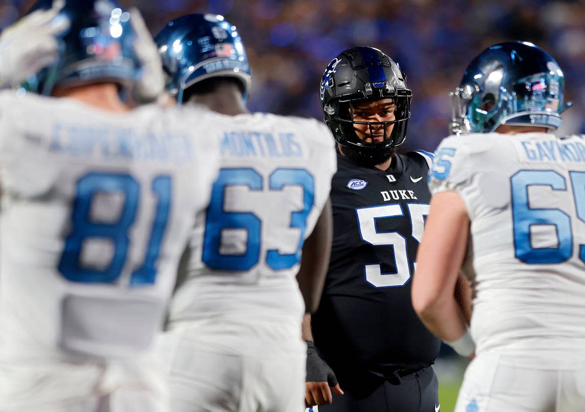 Duke Blue Devils defensive tackle Ja’Mion Franklin lines up against the North Carolina offense on Saturday, Oct. 15, 2022, at Wallace Wade Stadium in Durham, N.C.