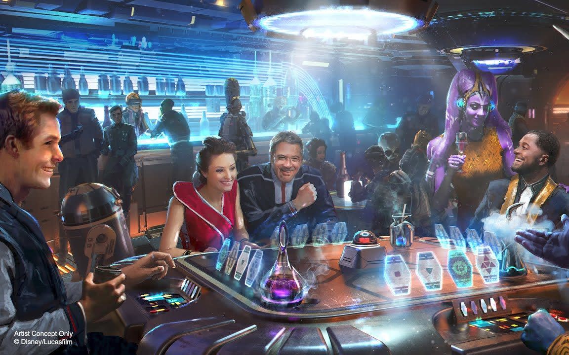 An artist's rendering of a game in the Silver C Lounge at the forthcoming Galactic Starcruiser hotel at Walt Disney World, Orlando - Disney