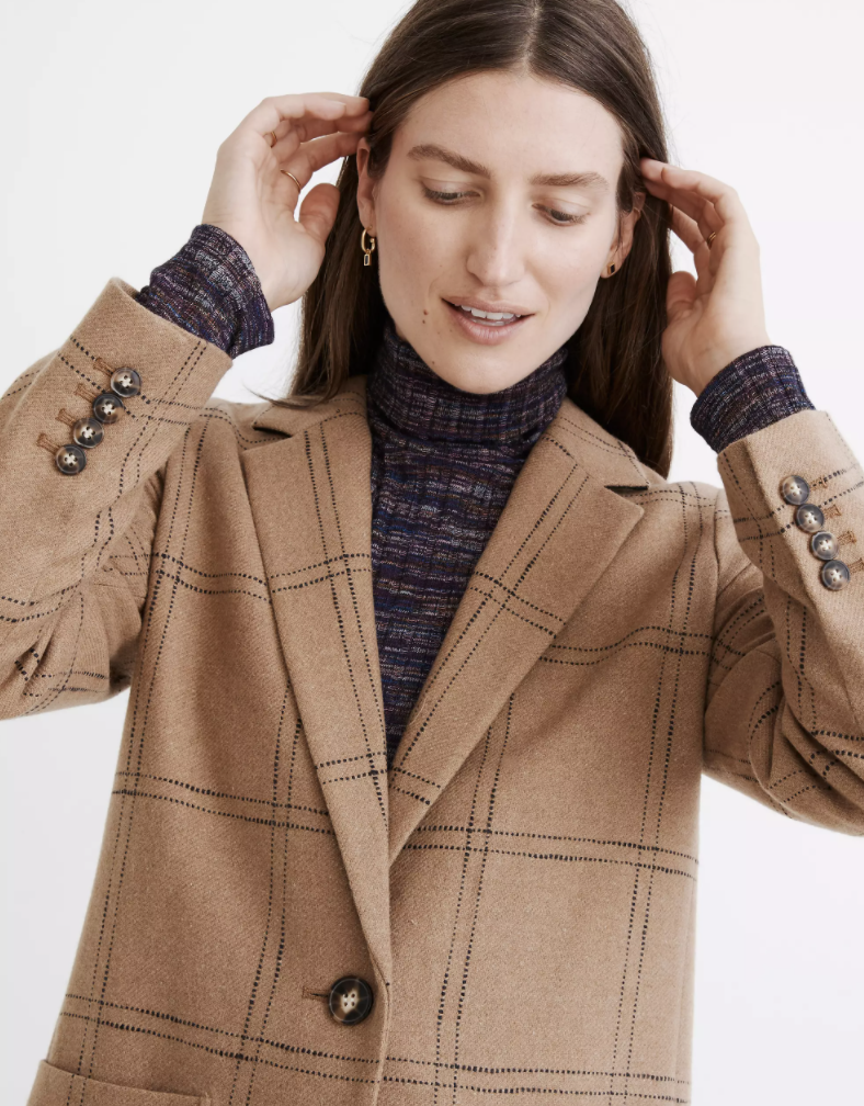 brunette model in light brown Madewell Larsen Blazer (Photo via Madewell)