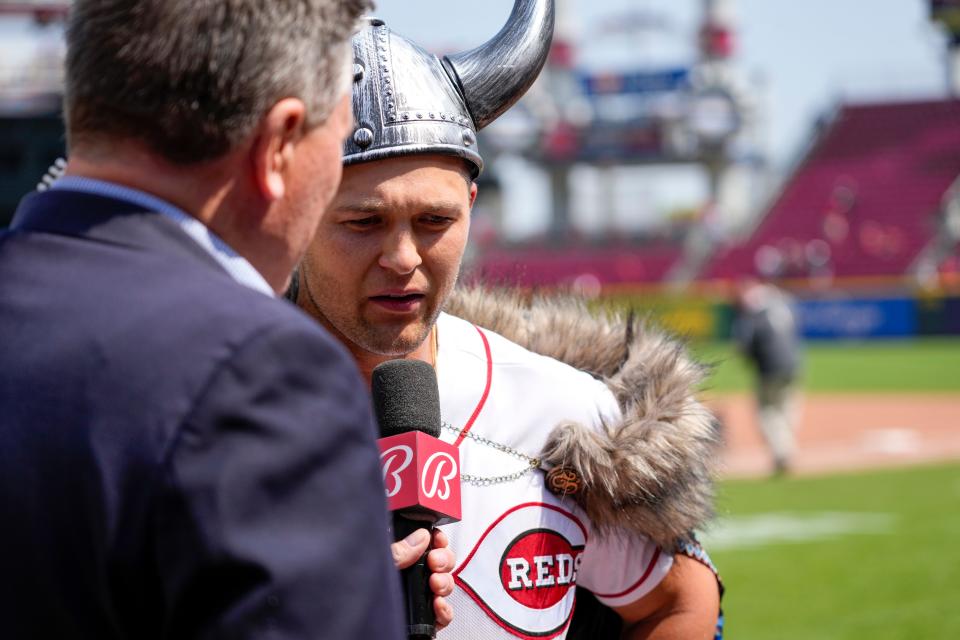 Reds third baseman Nick Senzel dons the viking costume hitting a two-run walk-off homer to beat the Texas Rangers, 5-3, on Wednesday at Great American Ball Park.