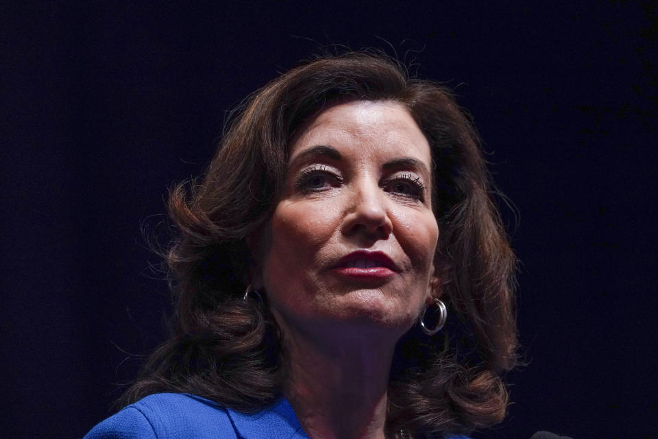 New York Governor Kathy Hochul speaks during the New York State Democratic Convention in New York, Thursday, Feb. 17, 2022. (AP Photo/Seth Wenig)