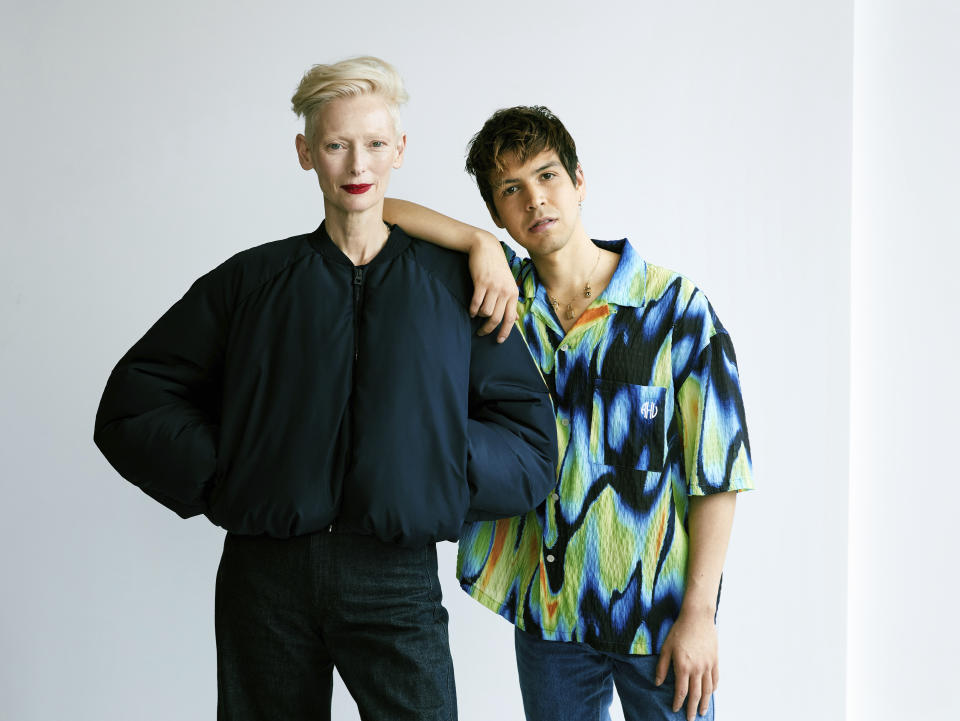 Tilda Swinton, left, and Julio Torres pose for a portrait in New York to promote their film "Problemista" on Tuesday, Feb. 27, 2024. (Photo by Taylor Jewell/Invision/AP)