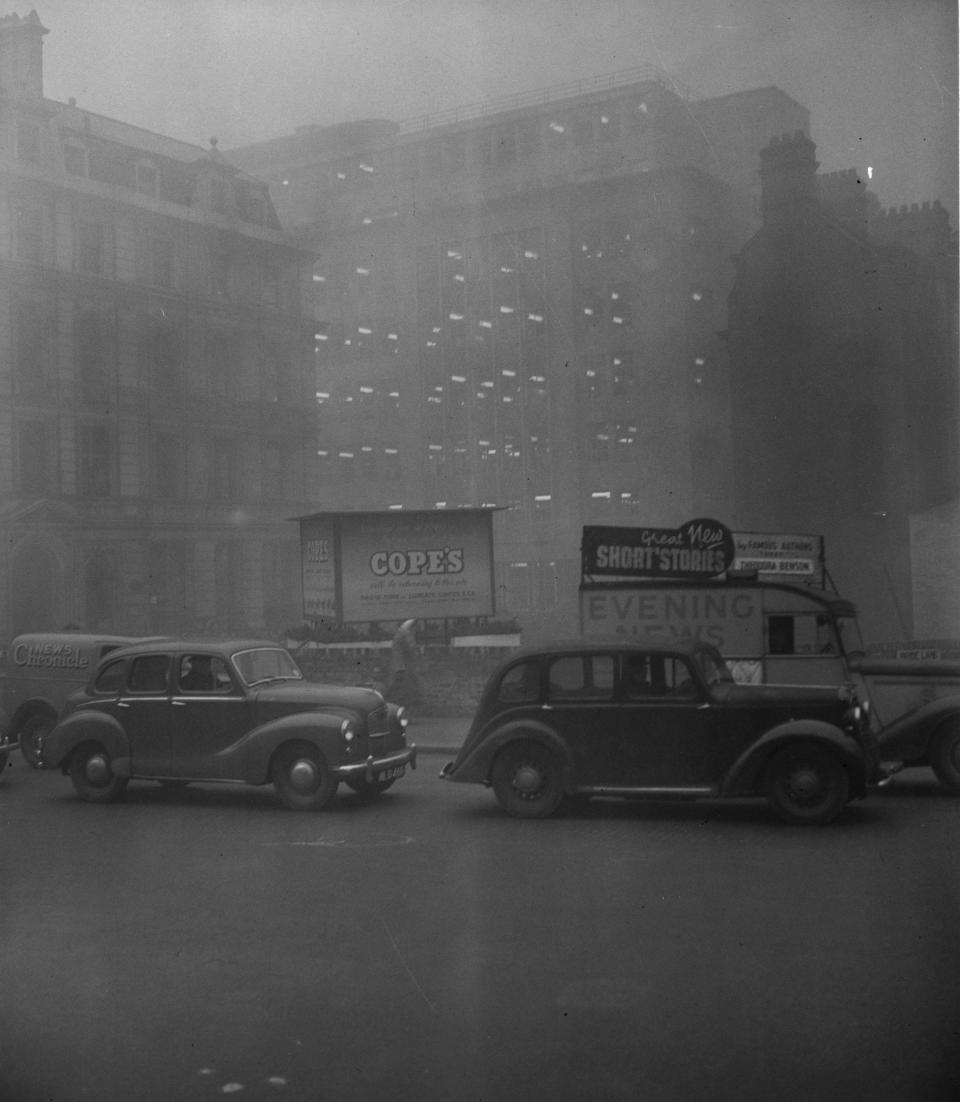 Cars sitting in morning traffic in Blackfriars, London, which is almost at a standstill because of the blanket smog.