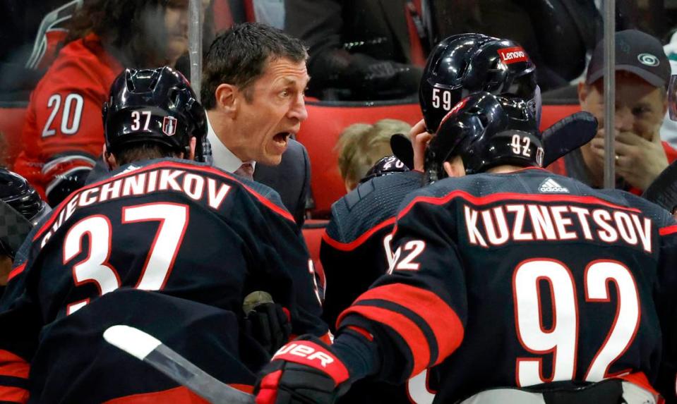 Carolina head coach Rod Brind’Amour talks to his team during a timeout late in the third period of the Hurricanes’ 5-3 victory over the Islanders in the first round of the Stanley Cup playoffs at PNC Arena in Raleigh, N.C., Monday, April 22, 2024.