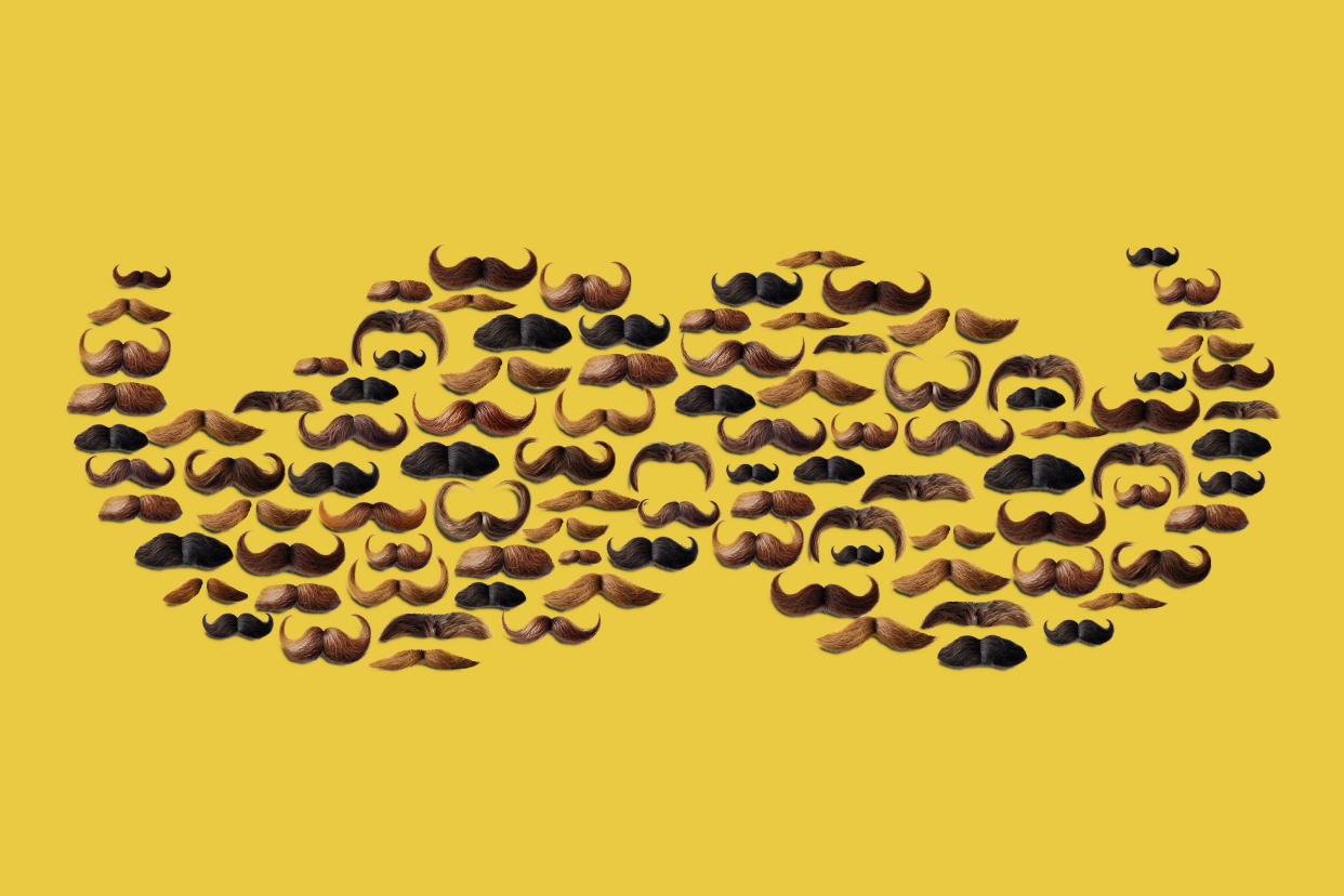 A photo illustration shows dozens of mustaches of different colors, shapes and sizes, arranged to form one large mustache.