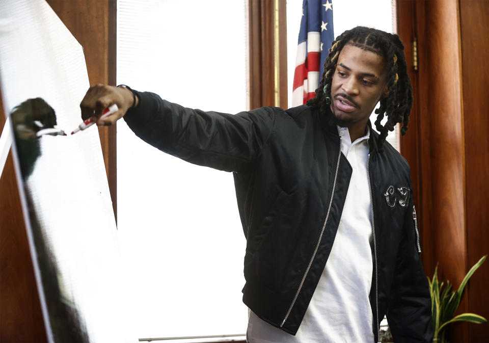 Memphis Grizzlies player Ja Morant testifies in Judge Carol Chumney's courtroom at Shelby County Circuit Court, Monday, Dec. 11, 2023, in Memphis, Tenn. The hearing is to determine whether Morant used self defense during a fight last summer at his home. (Mark Weber/Daily Memphian via AP)