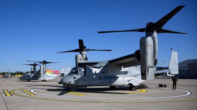 Two U.S. Navy Bell-Boeing V-22 Osprey aircraft wait for passengers at Riga Airport to fly them to the U.S. ship USS Mesa Verde on the occasion of media day from the major maritime maneuver 