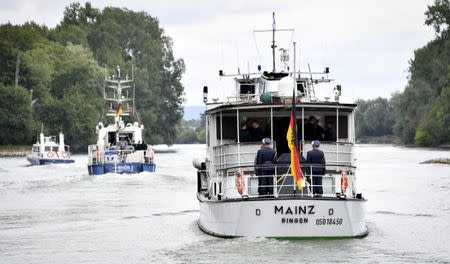The coffin of late former German Chancellor Helmut Kohl is pictured on the MS Mainz on the way from Reffenthal to Speyer, Germany, July 1, 2017. REUTERS/Uwe Anspach/POOL