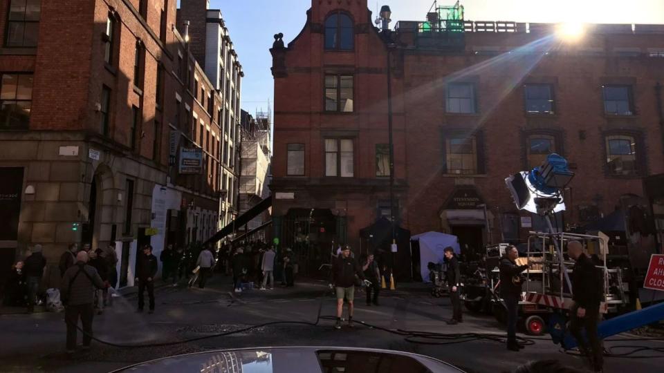 Film crews were busy at work in Manchester's Northern Quarter. Pic: Twitter/Kalpesh