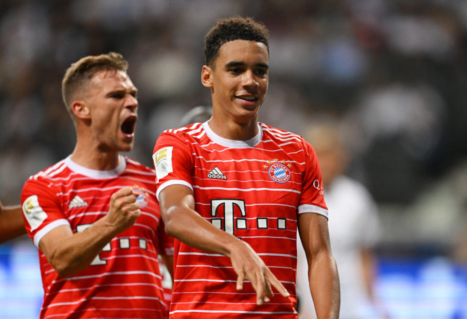 Jamal Musiala of Bayern Munich celebrates scoring their side's sixth goal during the Bundesliga match between Eintracht Frankfurt and FC Bayern München at Deutsche Bank Park on August 05, 2022 in Frankfurt am Main, Germany.