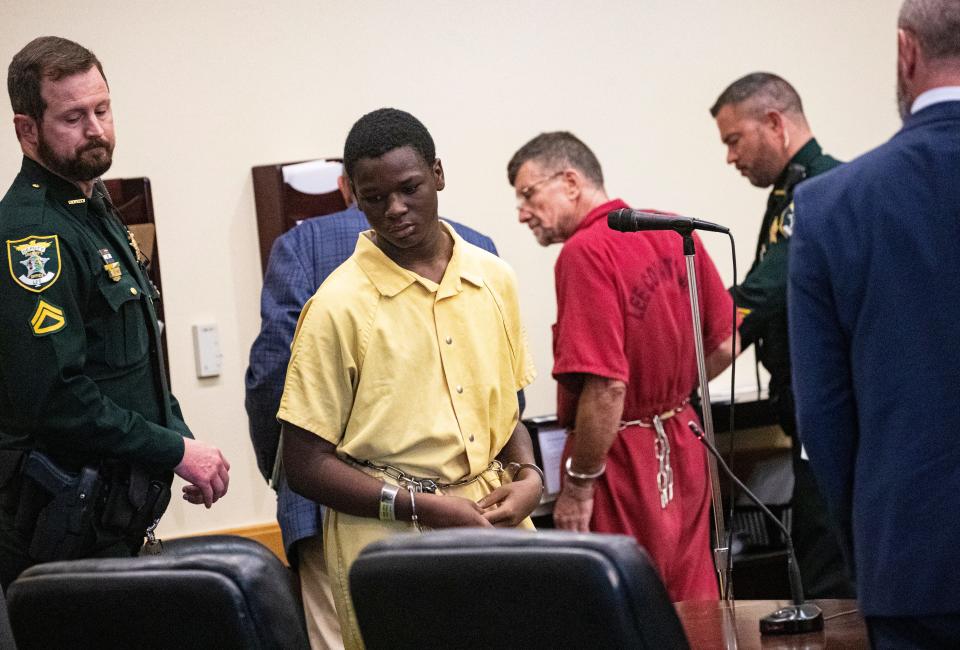 Christopher Horne, 16, enters a Lee County courtroom during a pretrial detention motion on Thursday, May 9, 2024. He has been arrested in connection with the murder of Kayla Rincon-Miller, 15,. Lee County Judge Nicholas Thompson ruled that he will be held without bond after testimony from a Cape Coral detective.