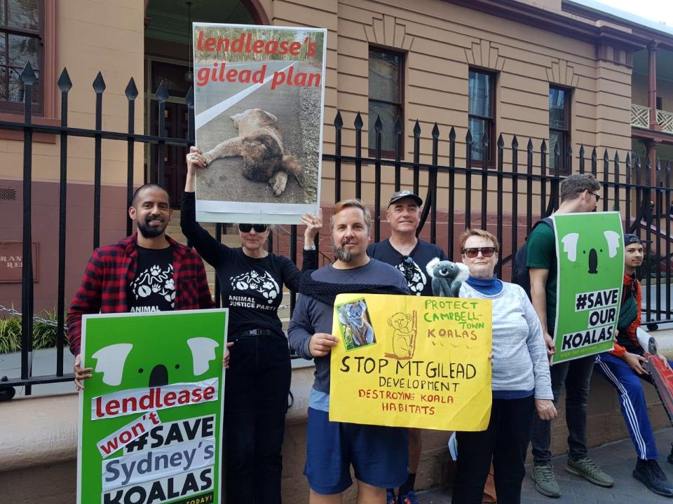 Protesters hold signs to protect koalas outside NSW parliament. 