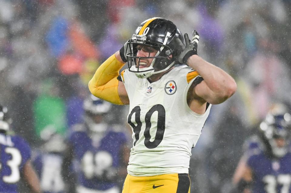 Jan 6, 2024; Baltimore, Maryland, USA; Pittsburgh Steelers linebacker T.J. Watt (90) reacts after sacking Baltimore Ravens quarterback Tyler Huntley (2) in the third quarter at M&T Bank Stadium. Mandatory Credit: Tommy Gilligan-USA TODAY Sports