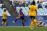 United States' Ashley Hatch celebrates after scoring her team's first goal during the international soccer match between the United States and Australia at Stadium Australia in Sydney, Saturday, Nov. 27, 2021. (AP Photo/Mark Baker)