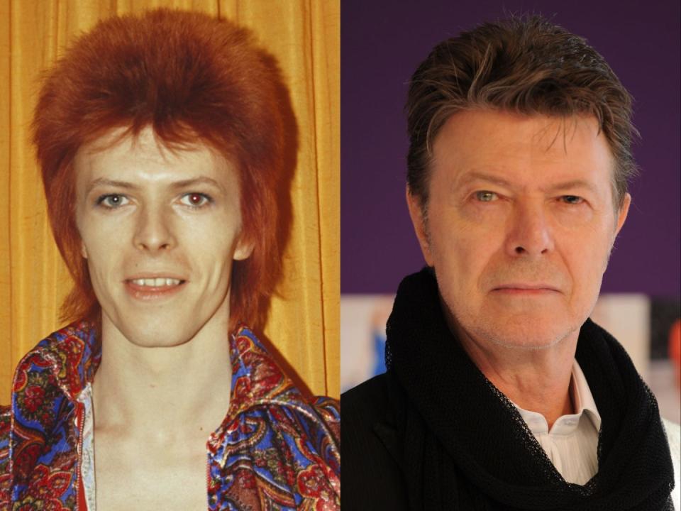 On the left, David Bowie in 1973 as Ziggy Stardust. On the right, Bowie in 2010.